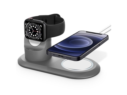 [TTE796] Socle de chargement silicone 2en1 Magsafe pour Apple Watch et iPhone (Gris)