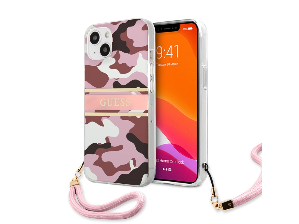 Coque Guess Camo avec lanière nylon pour iPhone 13 - Rose