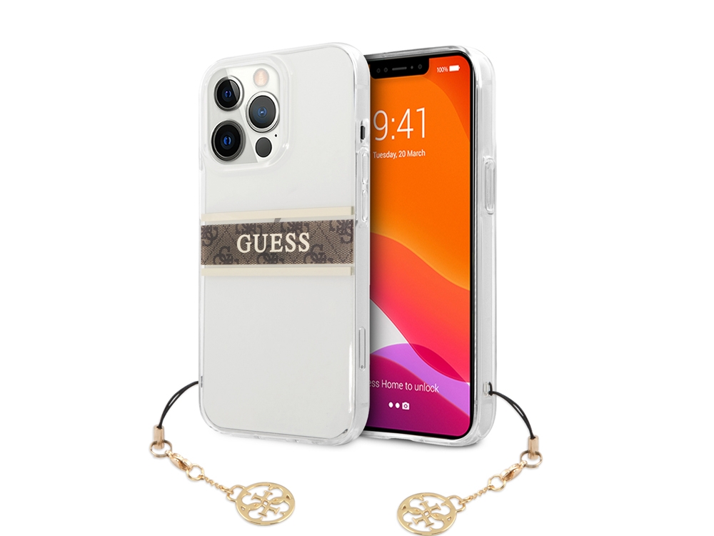 Coque Guess Stripe Charm avec breloque pour iPhone 13 Pro - Marron