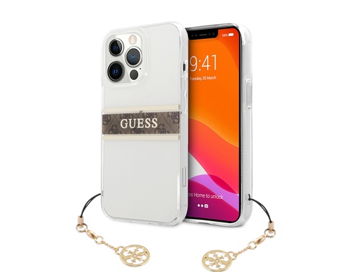 [H3416] Coque Guess Stripe Charm avec breloque pour iPhone 13 Pro - Marron