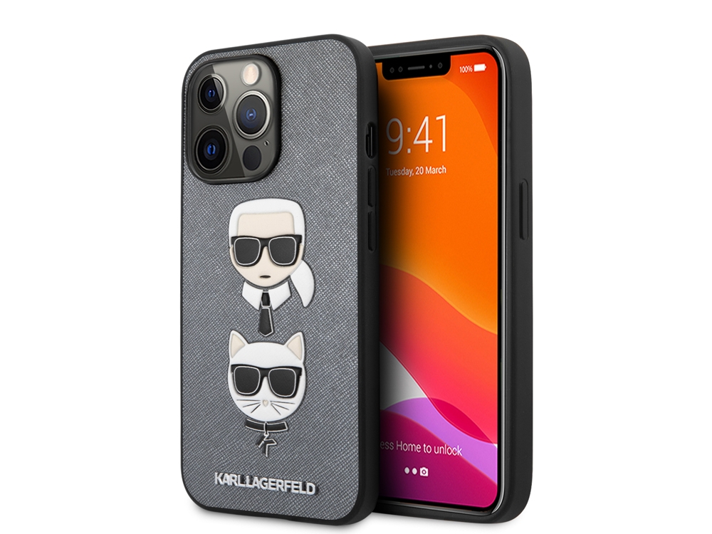 Coque Karl Lagerfeld Saffiano Karl & Choupette pour iPhone 13 Pro - Grise