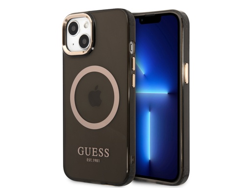 [H9582] Coque Guess TPU Magsafe Gold Outline pour iPhone 14 - Noire translucide