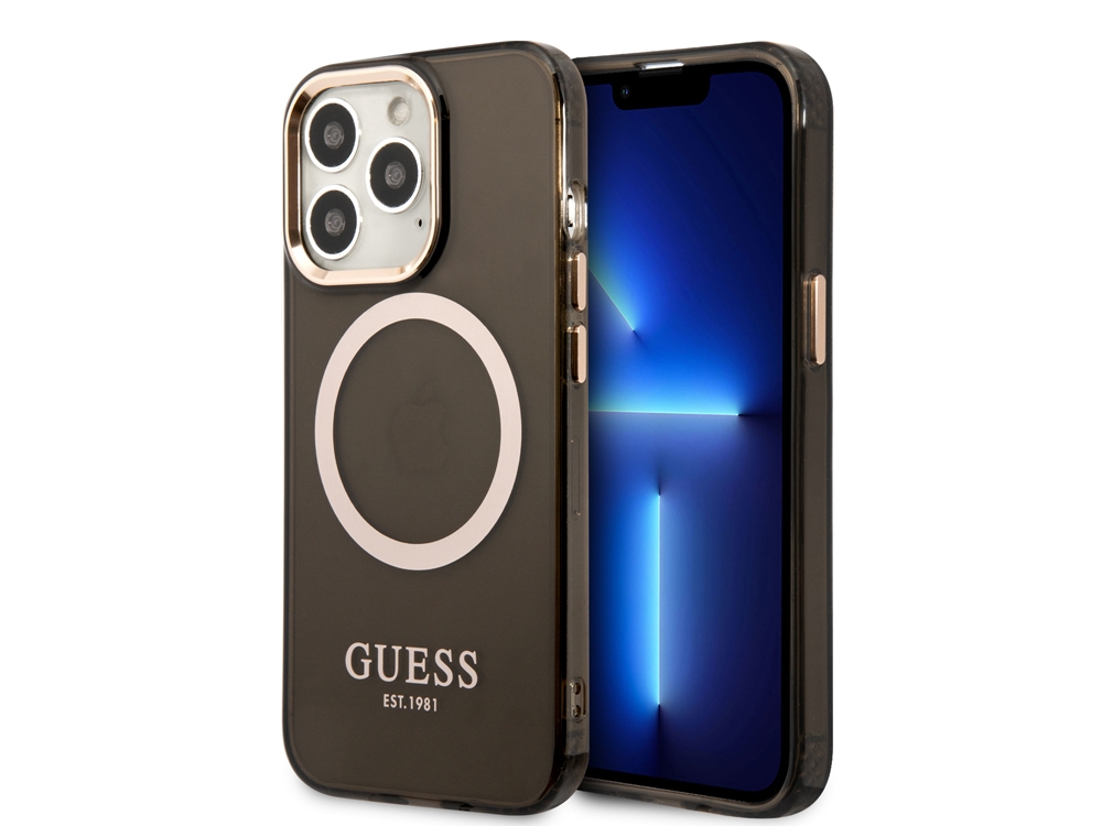 Coque Guess TPU Magsafe Gold Outline pour iPhone 14 Pro - Noire translucide