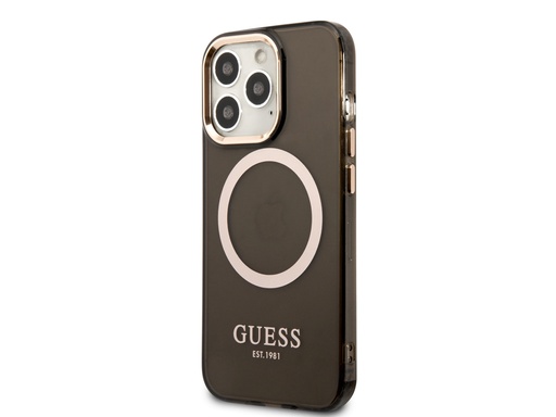 [H9612] Coque Guess TPU Magsafe Gold Outline pour iPhone 14 Pro Max - Noire translucide