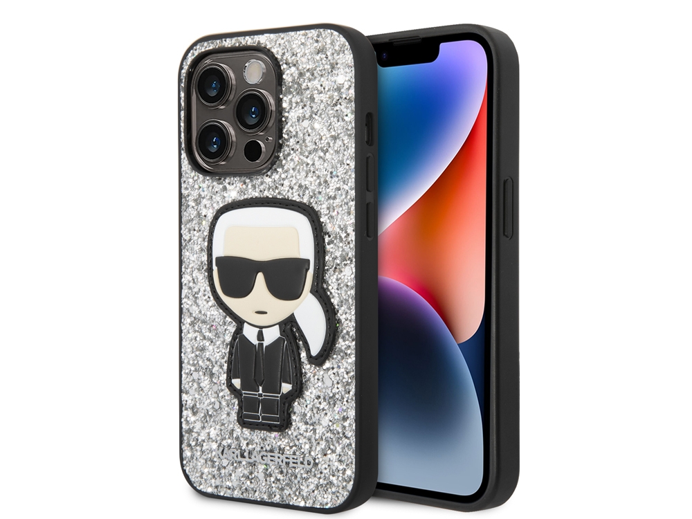 Coque Karl Lagerfeld Glitter Flakes Ikonik pour iPhone 14 Pro - Argent