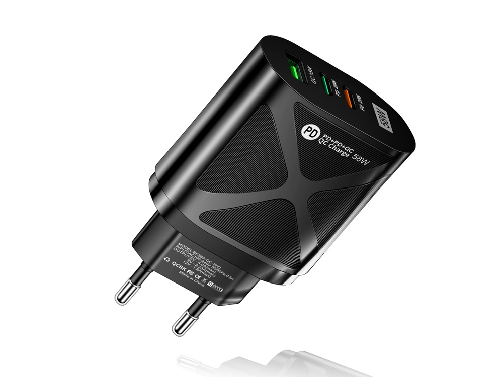 Chargeur secteur 58W USB Quickcharge & Double PD USB Type-C - Noir