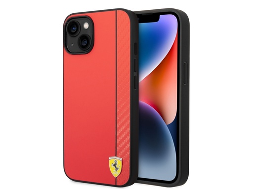 [H3856] Coque FERRARI en cuir synthétique effet carbone pour iPhone 14 Plus - Rouge
