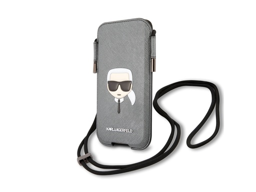 [H8641] Pochette à cordon Karl Lagerfeld Saffiano pour smartphone 6.1'' - Modèle Karl Head - Grise