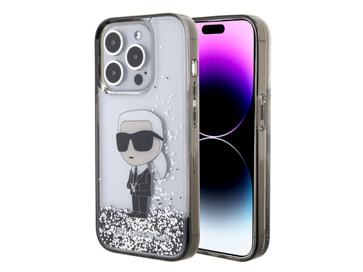 [H64096] Coque Karl Lagerfeld Glitter Ikonik à paillettes flottantes pour iPhone 15 Pro - Argent