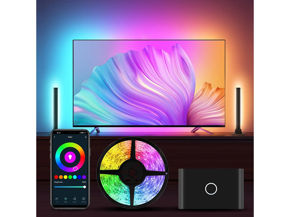 Éclairage LED Wifi synchronisé 3,8 m HDMI avec modules latéraux pour TV de 55 à 65 pouces
